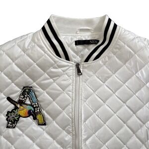 NESS woman's white & black quilted  bomber jacket embroidered A with bird BOHO